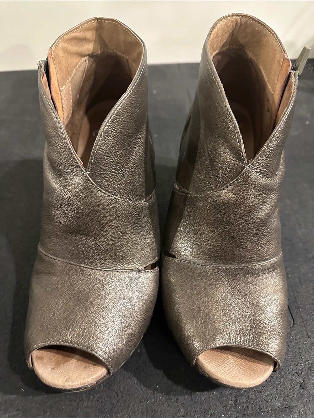Dansko Metallic Gray Leather Peep-Toe Mules
